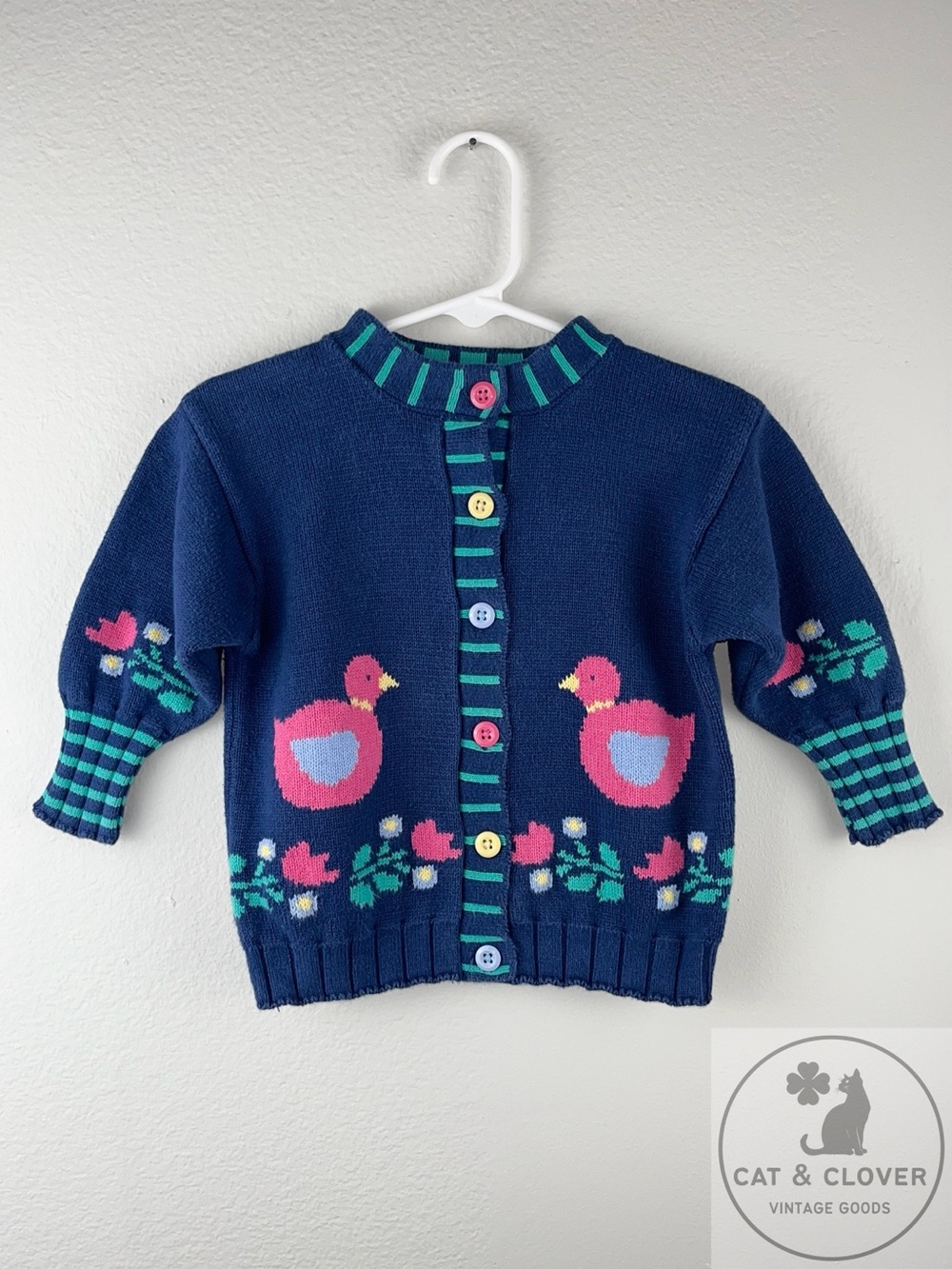 Gymboree 1995 Hansel and Gretel Ducks Rainbow Tag Blue Pink Knit Cardigan Infant